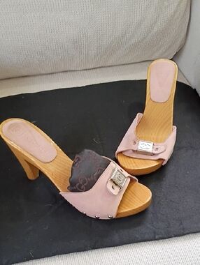 CHANEL Pink Suede Wood Logo Buckle Mules